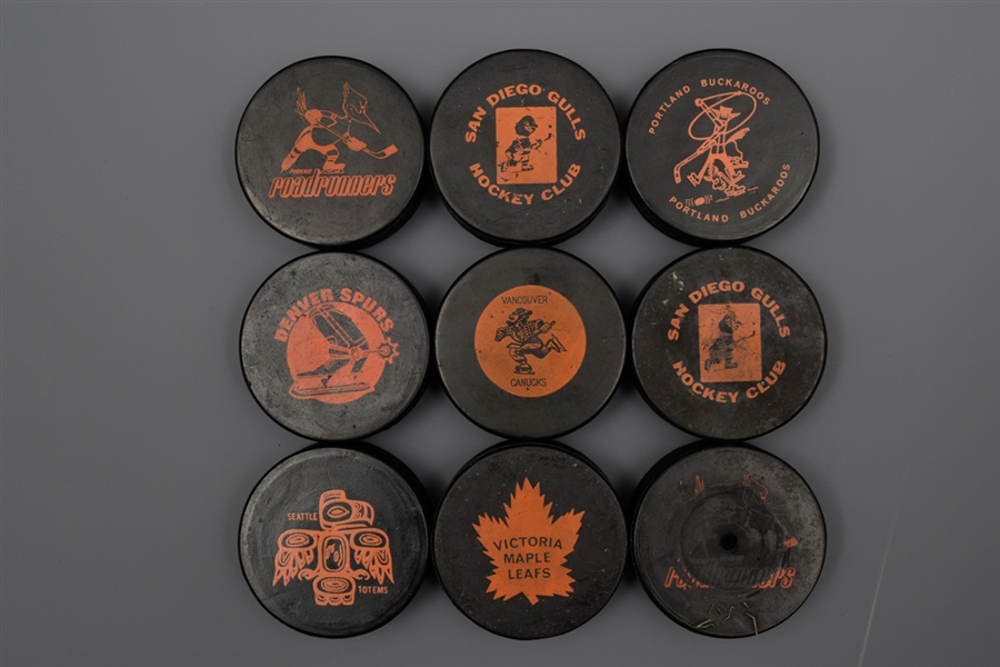 Western Hockey League 1965-69 CCM Game Puck Collection of 7 Plus 2 Others