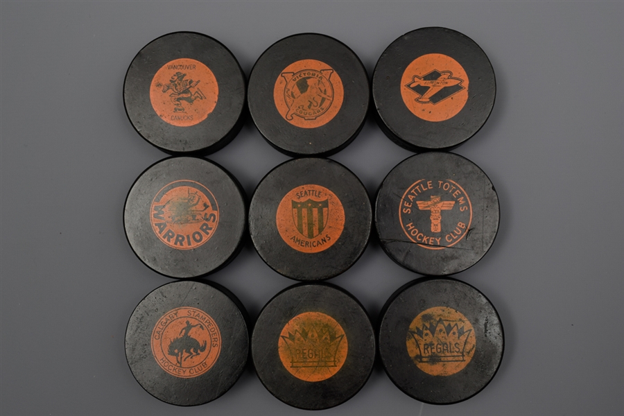 Western Hockey League 1954-60 CCM Game Puck Collection of 9 with Scripted "Official" 