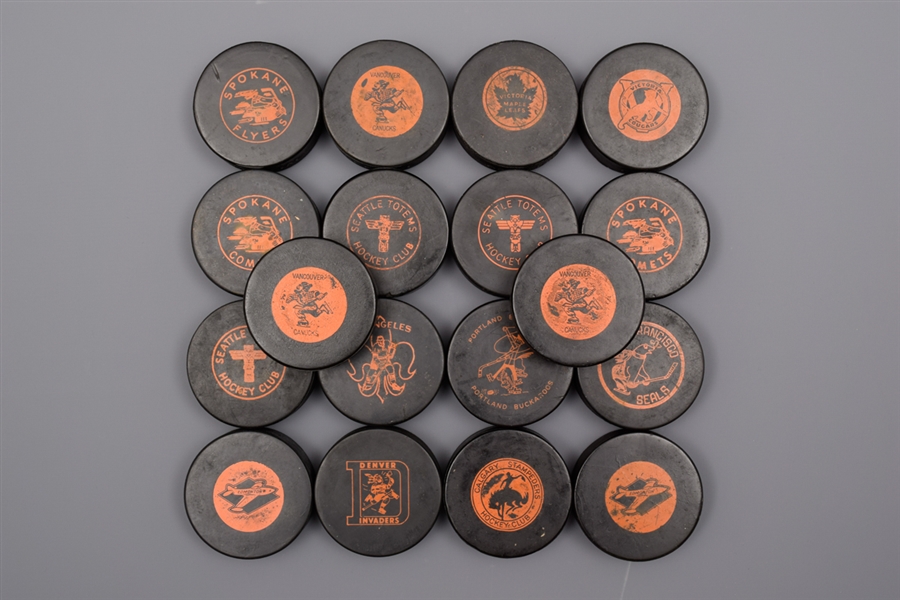 Western Hockey League 1956-65 CCM Game Puck Collection of 18 with "OFFICIAL" in Block Letters 