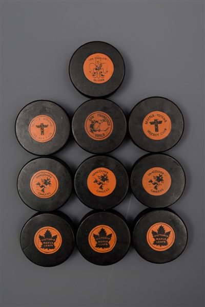 Western Hockey League 1964-67 Converse Game Puck Collection of 10