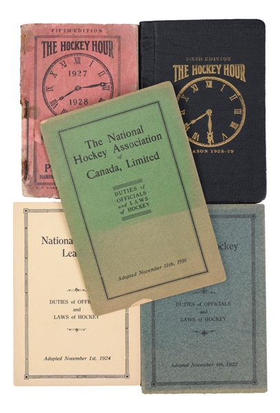 1927-28 and 1928-29 "The Hockey Hour" Guides, 1916-24 NHA / NHL Booklets, 1940s NHL Rule Books (8) Plus 9 Other Guides