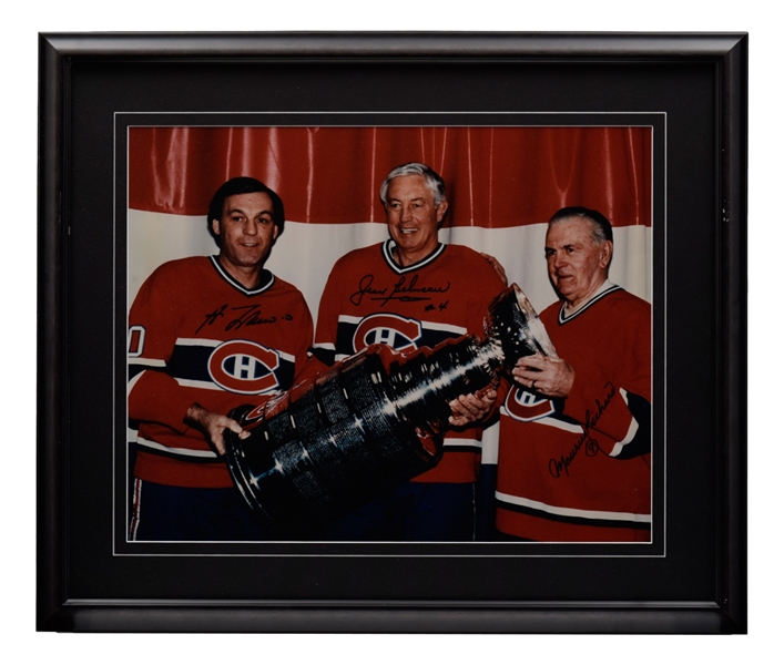 Maurice Richard, Jean Beliveau and Guy Lafleur Triple-Signed Montreal Canadiens Framed Photo (22" x 26")