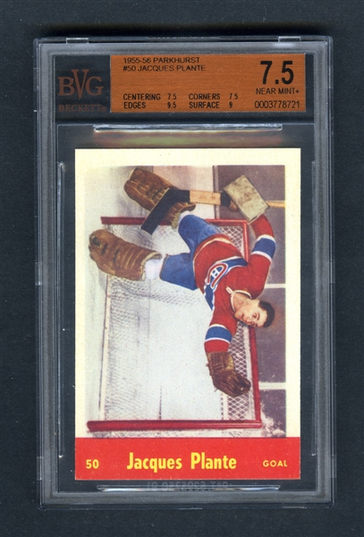 1955-56 Parkhurst Hockey Card #50 HOFer Jacques Plante RC - Graded BVG 7.5 - Highest Graded!