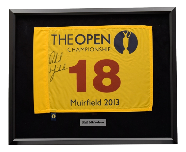 Phil Mickelson Signed 2013 British Open Pin Flag Framed Display (21” x 25 ¾”)