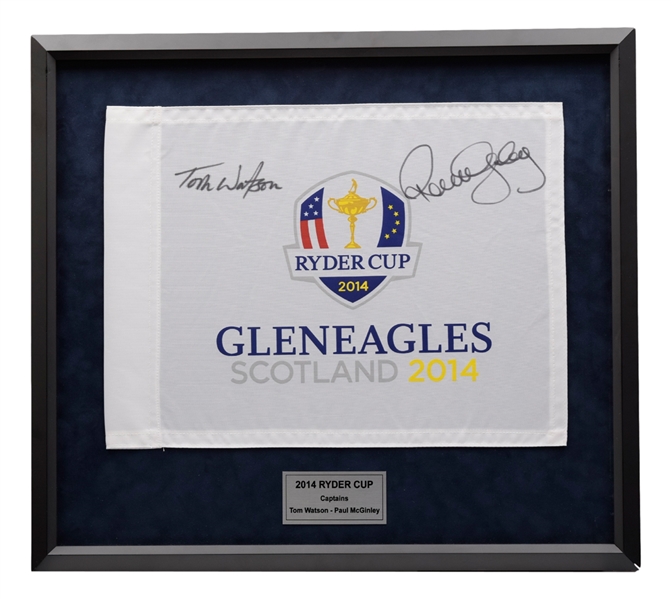 Tom Watson and Paul McGinley Dual-Signed 2014 Ryder Cup Pin Flag Framed Display (21” x 23 ½”)