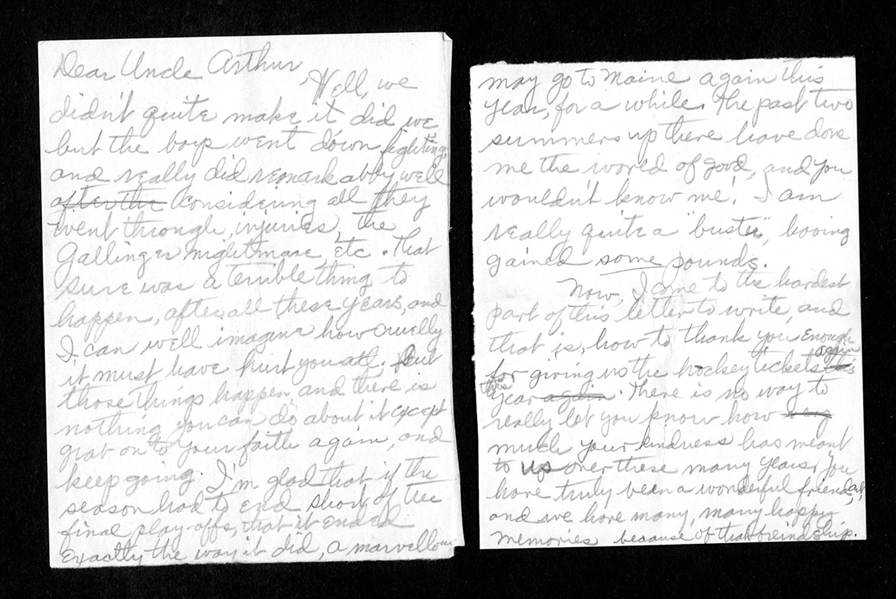 Art Ross Family Document Collection Featuring Muriel Ross Signed Letters (2) With References to Boston Bruins 1940s Don Gallinger Gambling Scandal