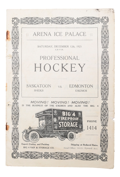 1925-26 WCHL Edmonton Eskimos vs Saskatoon Sheiks Hockey Program with Eddie Shore