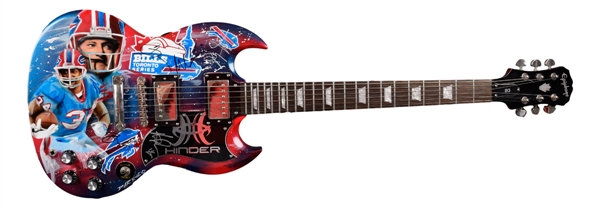 Buffalo Bills 2010 Toronto Series Painted Guitar by David Arrigo Signed by Hinder Band Members