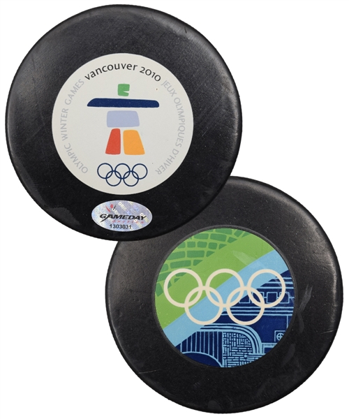 2010 Winter Olympics Mens Canada vs Russia Game-Used Puck from Playoffs Quarterfinals with COA