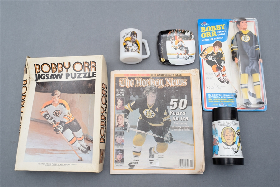 Vintage Bobby Orr Boston Bruins Memorabilia Collection with 1970s Regal Toy Limited Doll in Packaging