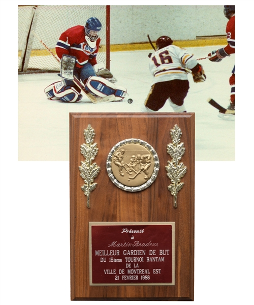 Martin Brodeurs 1987-88 Montreal Bantam Hockey Tournament "Goalie of the Tournament" Trophy with LOA