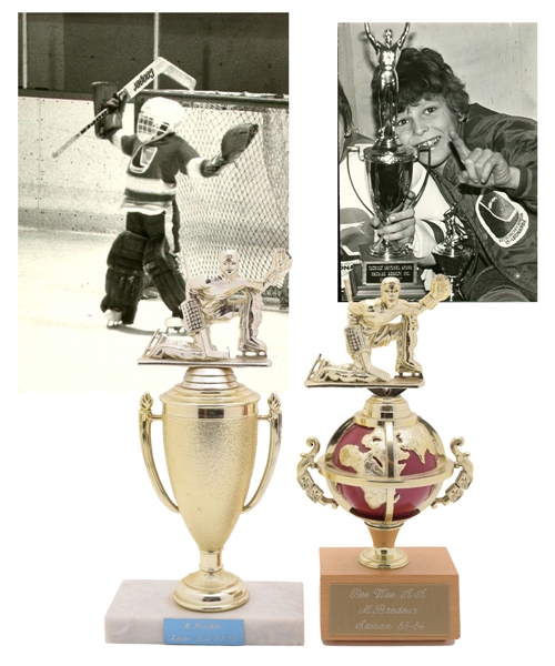 Martin Brodeurs 1981-82 Atome AA and 1983-84 Pee Wee AA Hockey Trophies with LOA