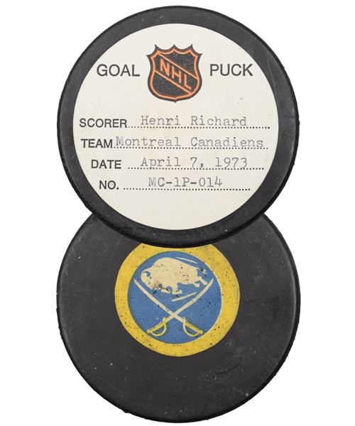 Henri Richards Montreal Canadiens April 7th 1973 Stanley Cup Playoffs Goal Puck from the NHL Goal Puck Program - Career Playoffs Goal #41
