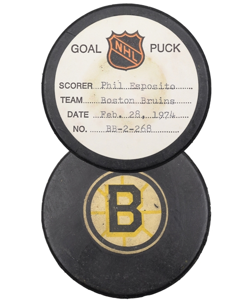 Phil Espositos Boston Bruins February 28th 1974 Goal Puck from the NHL Goal Puck Program - 53rd Goal of Season / Career Goal #451