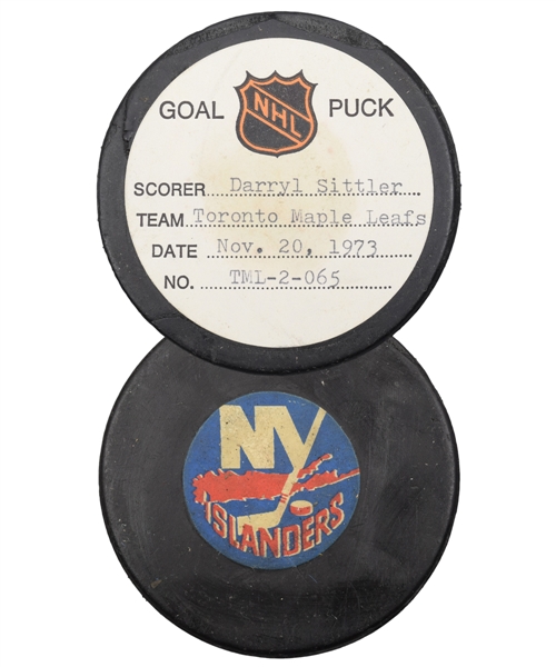 Darryl Sittlers Toronto Maple Leafs November 20th 1973 Goal Puck from the NHL Goal Puck Program - 8th Goal of Season / Career Goal #62