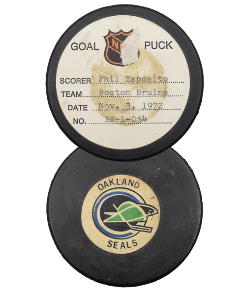 Phil Espositos Boston Bruins November 3rd 1972 Goal Puck from the NHL Goal Puck Program - 7th Goal of Season / Career Goal #350