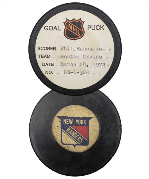Phil Espositos Boston Bruins March 28th 1973 Goal Puck from the NHL Goal Puck Program - 55th Goal of Season / Career Goal #398