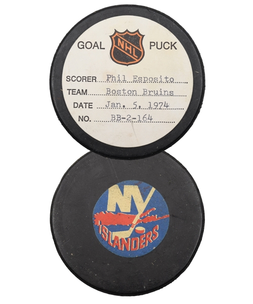 Phil Espositos Boston Bruins January 5th 1974 Goal Puck from the NHL Goal Puck Program - 37th Goal of Season / Career Goal #435