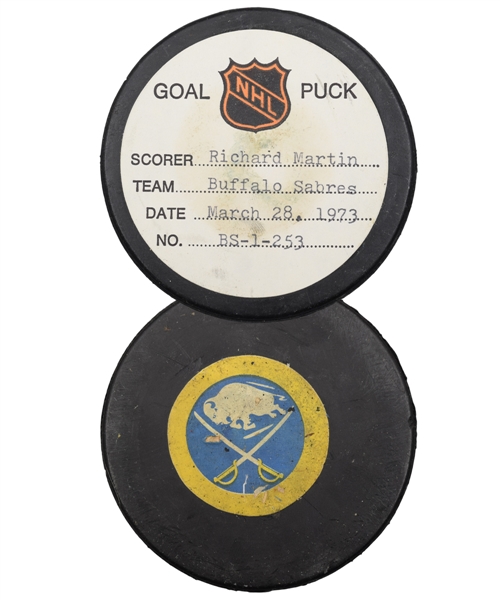 Richard Martins Buffalo Sabres March 28th 1973 Goal Puck from the NHL Goal Puck Program - 37th Goal of Season / Career Goal #81