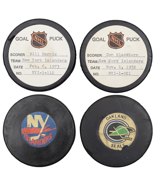 Bill Harris and Don Blackburns New York Islanders 1972-73 Goal Pucks from the NHL Goal Puck Program