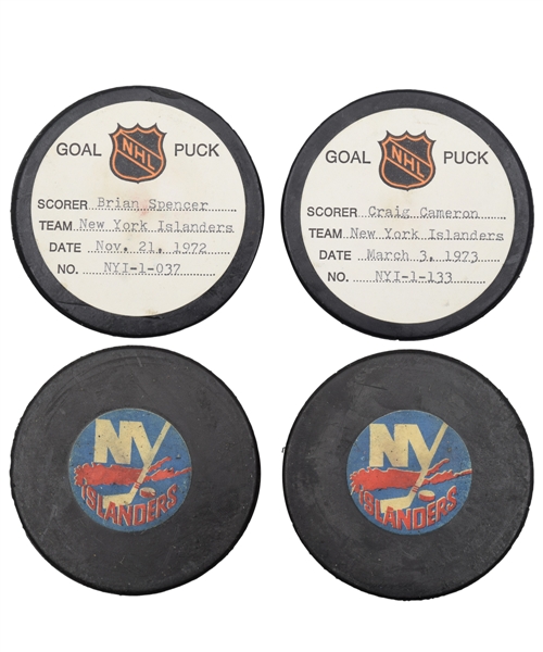 Brian Spencers and Craig Camerons New York Islanders 1972-73 Goal Pucks from the NHL Goal Puck Program