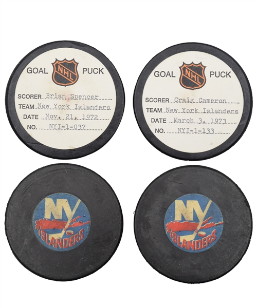 Brian Spencers and Craig Camerons New York Islanders 1972-73 Goal Pucks from the NHL Goal Puck Program