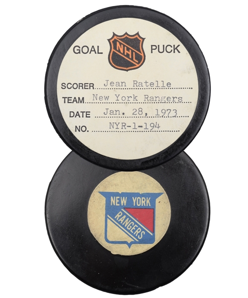Jean Ratelles New York Rangers January 28th 1973 Goal Puck from the NHL Goal Puck Program - 24th Goal of Season / Career Goal #250