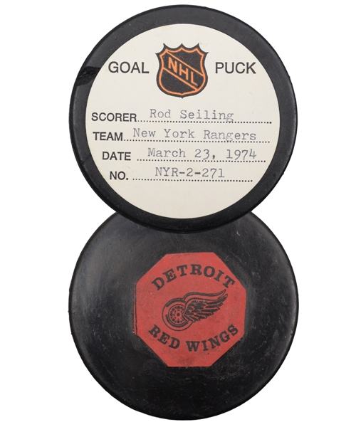 Rod Seilings New York Rangers March 23rd 1974 Goal Puck from the NHL Goal Puck Program - 7th Goal of Season / Career Goal #50