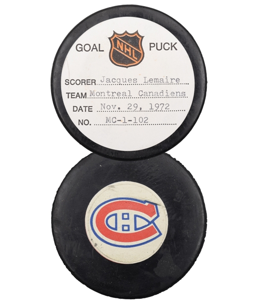 Jacques Lemaires Montreal Canadiens November 29th 1972 Goal Puck from the NHL Goal Puck Program - 20th Goal of Season / Career Goal #163
