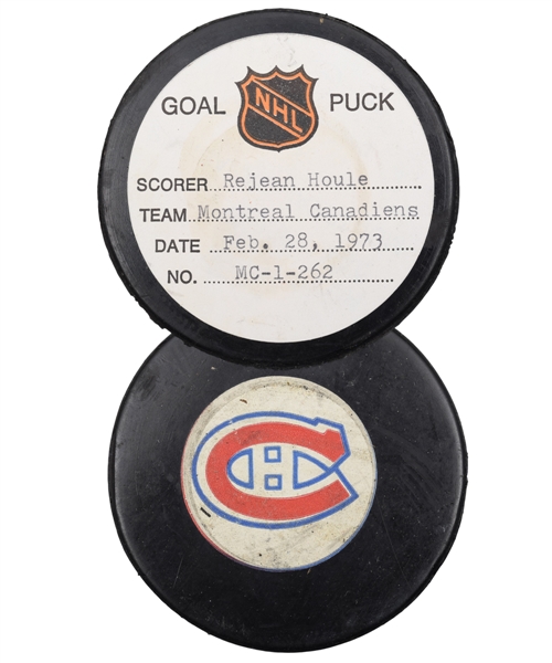 Rejean Houles Montreal Canadiens February 28th 1973 Goal Puck from the NHL Goal Puck Program - 13th Goal of Season / Career Goal #134