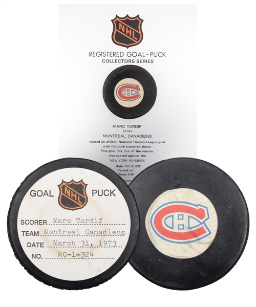 Marc Tardifs Montreal Canadiens 1972-73 Goal Pucks (2) from the NHL Goal Puck Program - 2nd & 25th Goals of Season / Career Goals #55 & #78