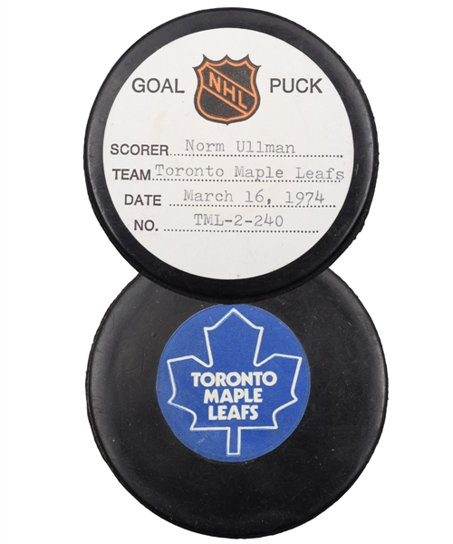 Norm Ullmans Toronto Maple Leafs March 16th 1974 Goal Puck from the NHL Goal Puck Program - 22nd Goal of Season / Career Goal #481