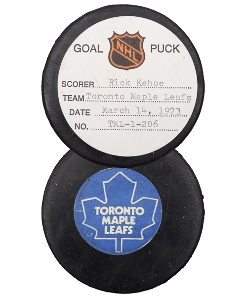 Rick Kehoes Toronto Maple Leafs March 14th 1973 Goal Puck from the NHL Goal Puck Program - 30th Goal of Season / Career Goal #38