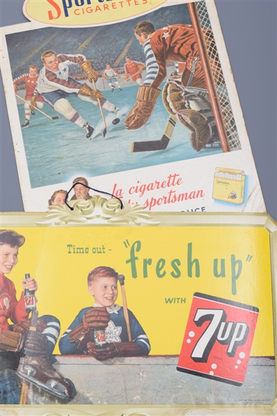 Vintage Sportsman Cigarettes and 7up Hockey-Themed Advertising Signs