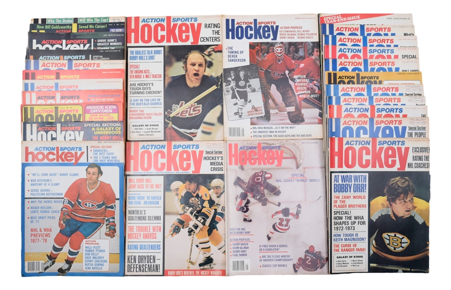 Early-1970s Hockey Publication Collection of 66 with Sports Extra Hockey, Action Sports Hockey, Ben Strong Hockey and Others