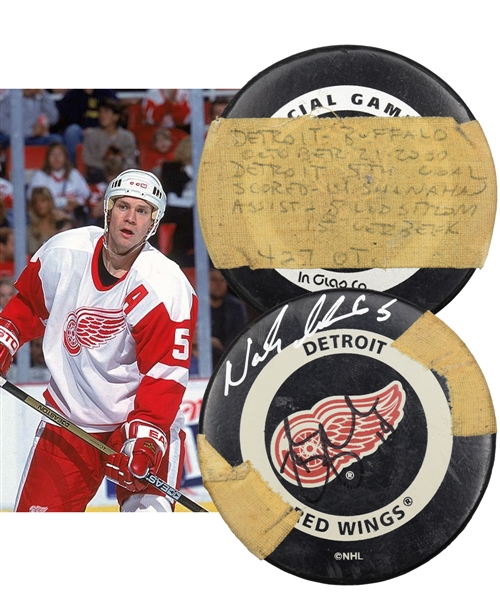 Nicklas Lidstroms 2000-01 Detroit Red Wings "500th NHL Point" Milestone Puck - Signed by Lidstrom and Shanahan