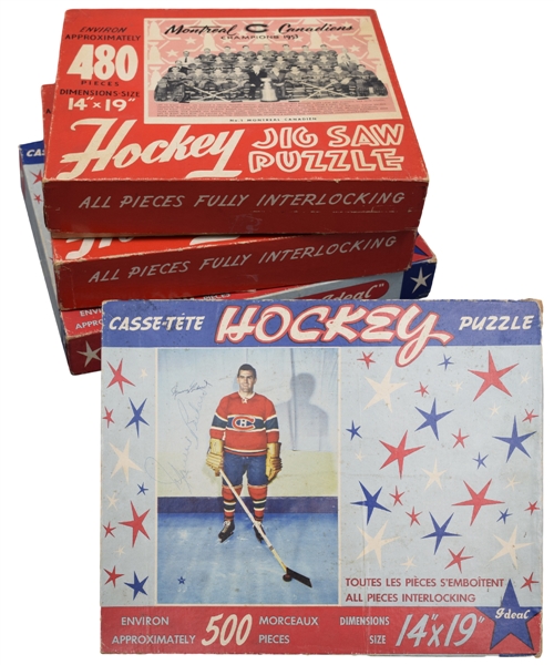 Vintage 1950s Maurice Richard, 1953 Montreal Canadiens and 1953 Stanley Cup Winning Goal Jigsaw Puzzles in Original Boxes