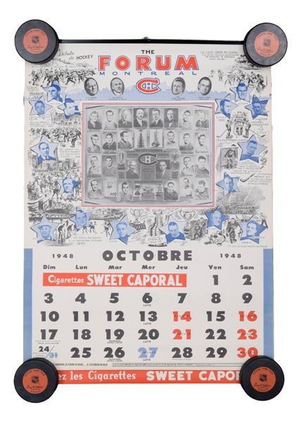 Montreal Canadiens 1948-49 Sweet Caporal Complete Hockey Calendar (17 ½” x 24 ¼”)