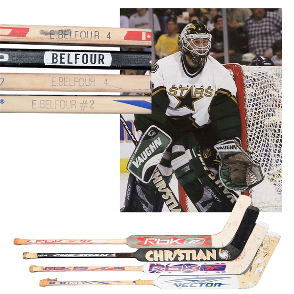 Ed Belfours Dallas Stars, Toronto Maple Leafs and Florida Panthers Game-Used Sticks (4)