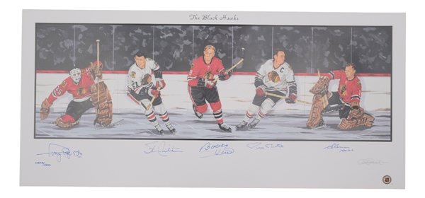 Chicago Black Hawks Limited-Edition Lithograph Autographed by 5 HOFers (18" x 39")
