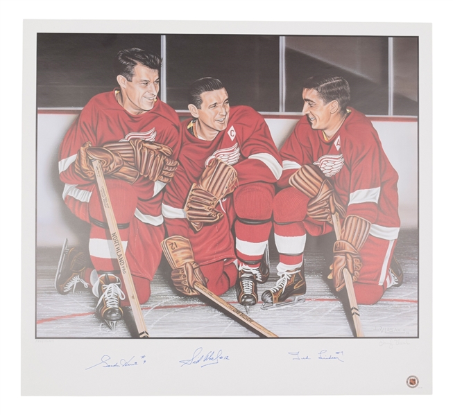 Detroit Red Wings Production Line Limited-Edition Lithograph Autographed by Howe, Abel and Lindsay (27” x 29 ½”) 