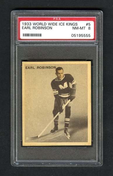 1933-34 World Wide Gum Ice Kings V357 Hockey Card #5 Earl Robinson RC - Graded PSA 8