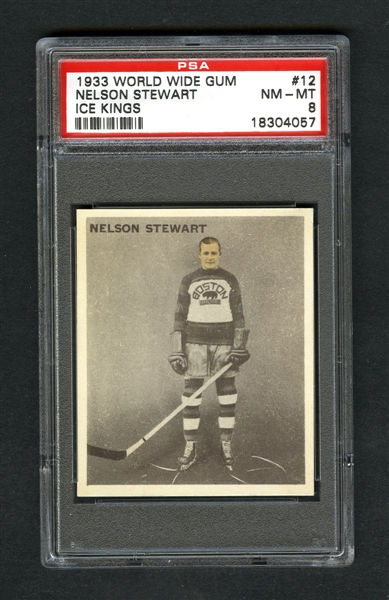1933-34 World Wide Gum Ice Kings V357 Hockey Card #12 HOFer Nelson "Old Poison" Stewart RC - Graded PSA 8