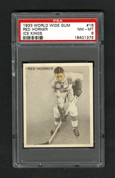1933-34 World Wide Gum Ice Kings V357 Hockey Card #16 HOFer Reginald "Red" Horner RC - Graded PSA 8