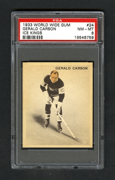 1933-34 World Wide Gum Ice Kings V357 Hockey Card #24 Gerald "Stub" Carson RC - Graded PSA 8 - Highest Graded!