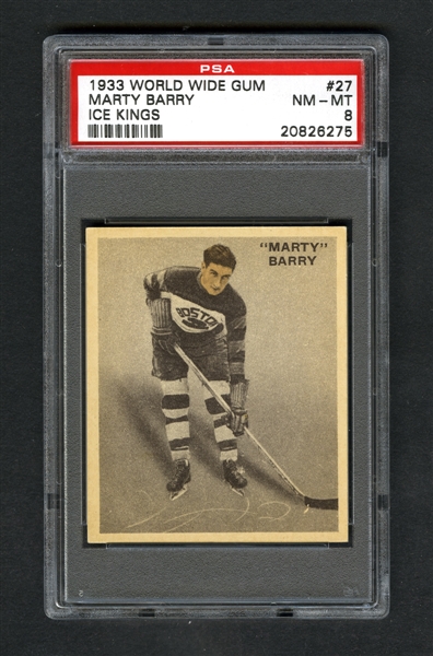 1933-34 World Wide Gum Ice Kings V357 Hockey Card #27 HOFer Martin "Marty" Barry RC - Graded PSA 8 - Highest Graded!