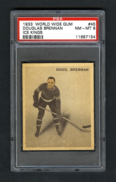 1933-34 World Wide Gum Ice Kings V357 Hockey Card #45 Doug Brennan RC - Graded PSA 8 - Highest Graded!