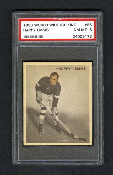 1933-34 World Wide Gum Ice Kings V357 Hockey Card #55 Leighton "Happy" Emms RC - Graded PSA 8 - Highest Graded!