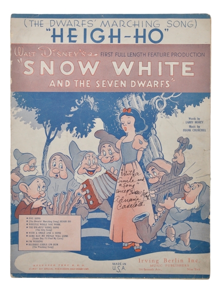 Adriana Caselotti (voice of Snow White) Signed 1937 Walt Disney "Heigh-Ho" Music Sheet with JSA COA