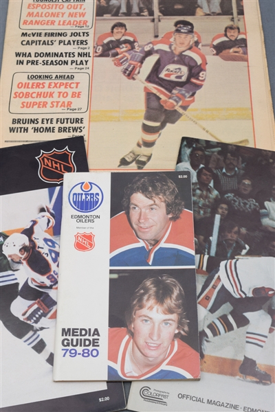 Wayne Gretzky First WHA & NHL Seasons Collection of 4, Including 1978 Hockey News & 1979-80 Edmonton Oilers Media Guide